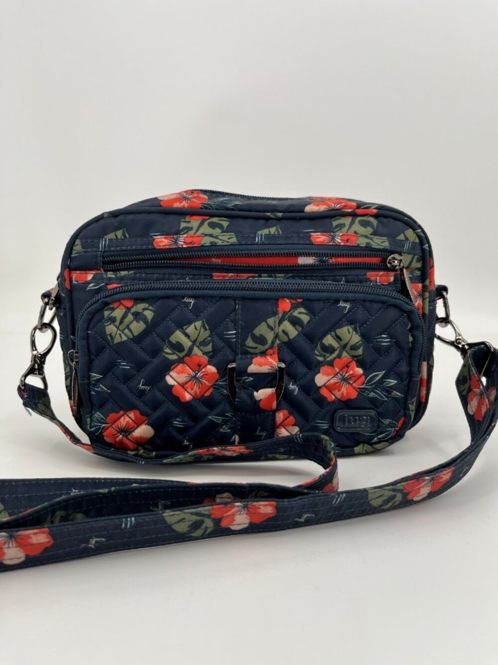 Lug Carousel Crossbody Bag Floral Navy Fabric Adjustable Strap Zip Pocket